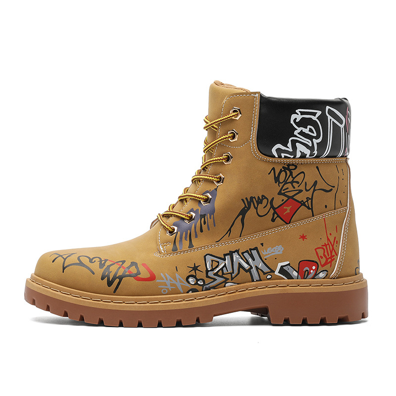 Hot new free shipping Martin Boots for mens boots yellow Fashionable and versatile PU British style denim boots graffiti Martin boots