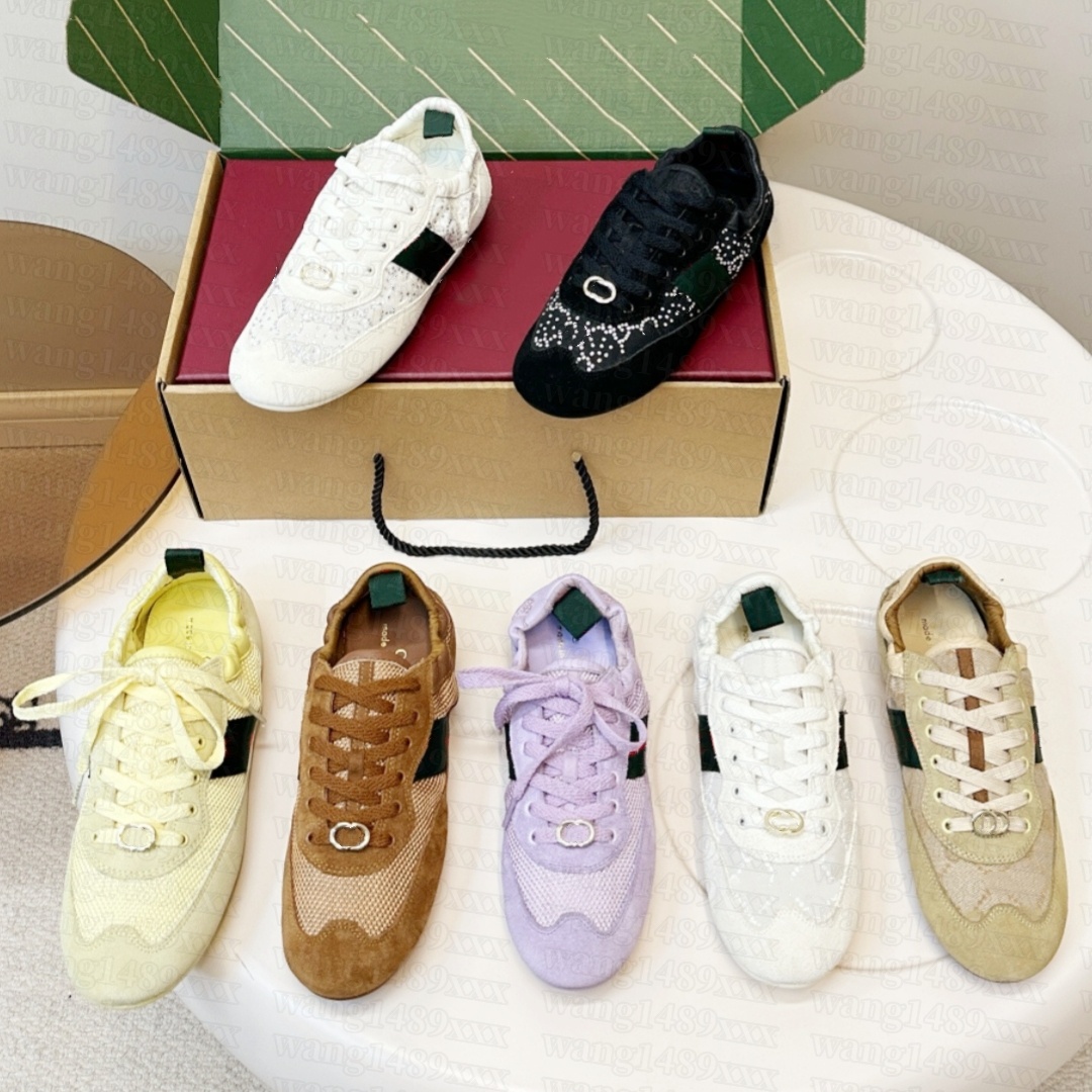 Suede Leather crystal ballet Flat shift sneaker Designer prom dress shoe for Woman youth Casual shoe Luxury track sport trainer Run athletic tennis walk stripe shoes