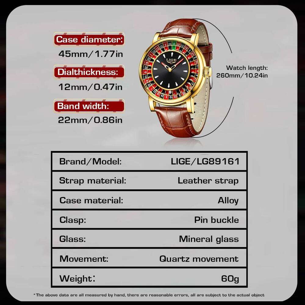 LIGE Fashion Leather Rotating Dial Las Vegas Roulette Desktop Lucky Watch Men Waterproof Luminous Clock Watches 25M1230