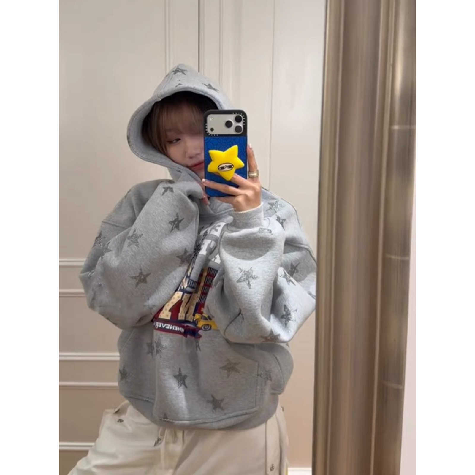 Retro letter star print hooded pullover women's thick fleece fall/winter relaxed style loose couple's outerwear L251230