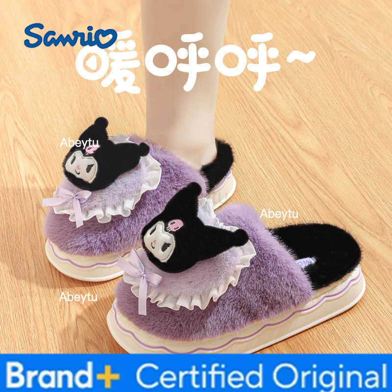 Sanrio Cute Kuromi Cotton Slippers Cartoon Hello Kiity Female Winter Plus Velvet Warm Home Shoes Anti-Slip Comfortable Slippers H251230