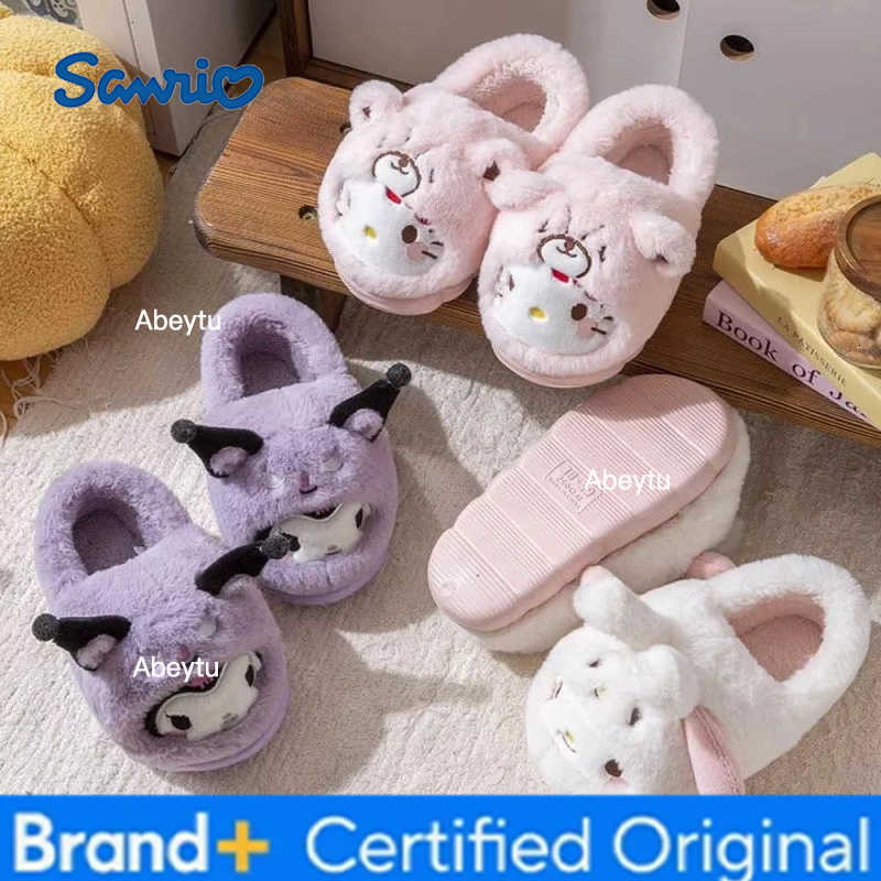 Sanrio Anime Winter Plush Slippers Kuromi Hello Kitty Cinnamoroll Sanrioed Kawaii Cartoon Cute Indoor Thicken Warm Home Slippers H251230