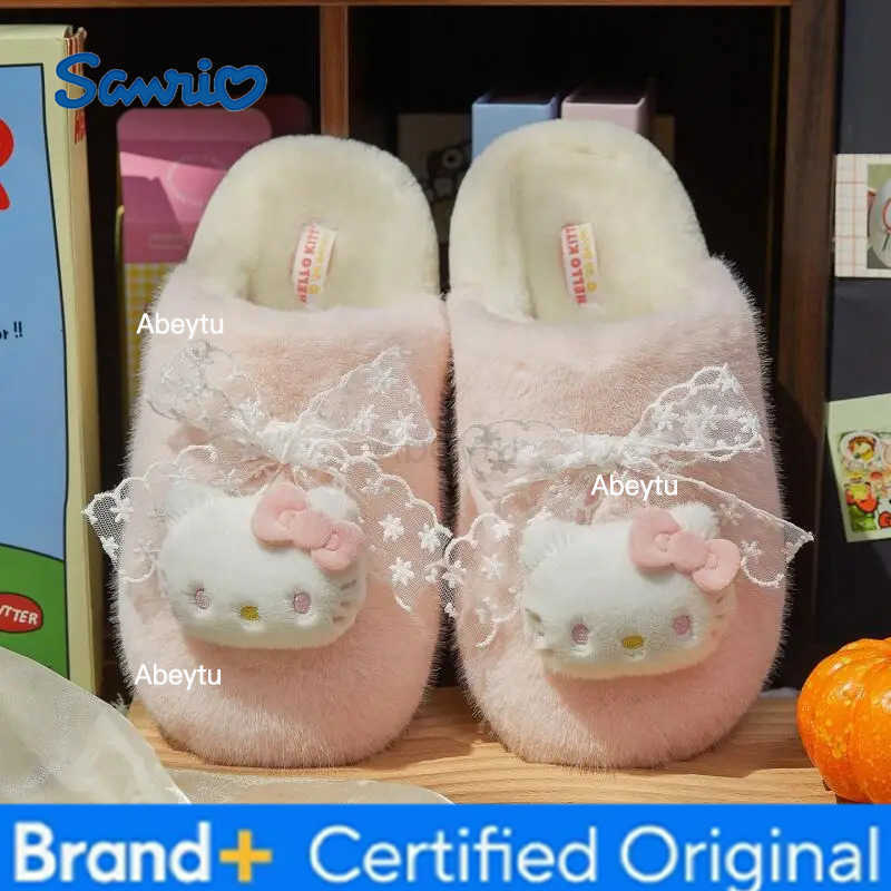 Sanrio Hello Kitty Kuromi Autumn Winter Cartoon Girl Cotton Slippers Fleece-Lined Keep Warm Non-Slip Comfortable Parent-Child Slippers H251230