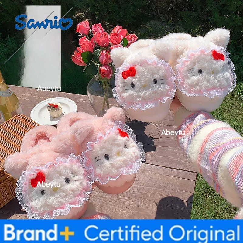 Sanrio Kids Slippers House Shoes Cartoon Cat Cotton Winter Shoes For Girls Anti-slip Soft Bottom Warm Green Pink Shoes Size 36-41 H251230