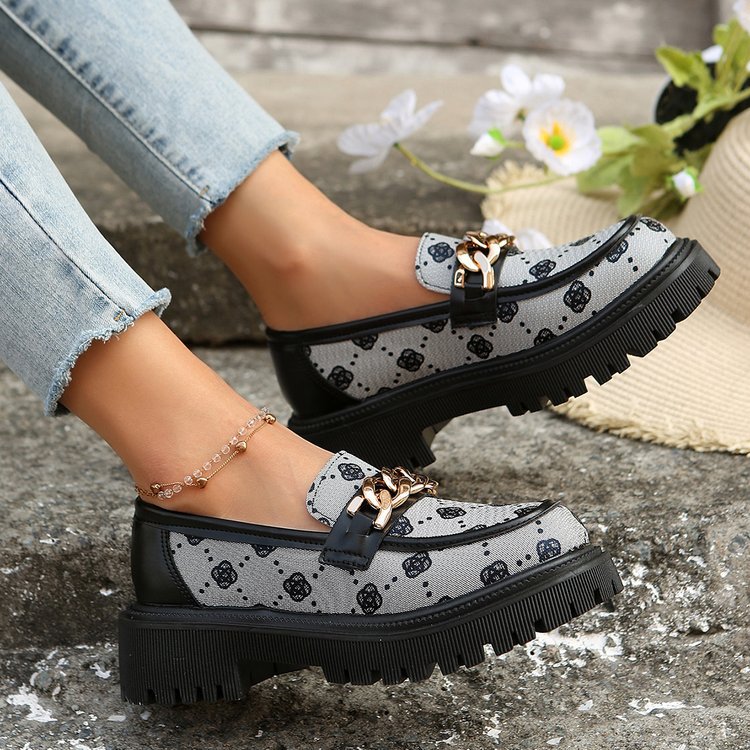 women's versatile elegance dress shoes 2026 new design printed chain thick soled fashionable leather shoes large sizes 35-42 Free Shipping Hot Sa