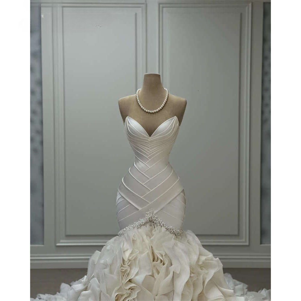 White Ivory Customized Princess Ruffles Tiered Organza Satin Wedding Dresses Mermaid Long Arabic Bridal Gowns With Ruched Tier Ruffle Skirt Luxury Rob