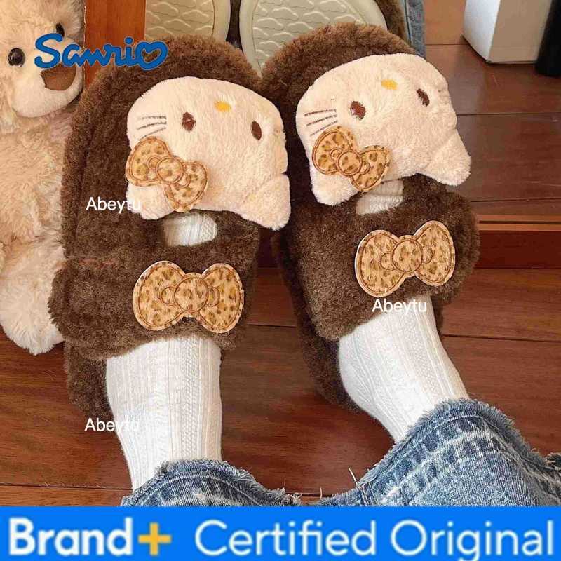 Sanrio Leopard Print Hello Kitty Slippers Anime Home Plush Slippers Anime Winter Warm Outdoor Ladies Slippers Girl Gift Shoes H251230