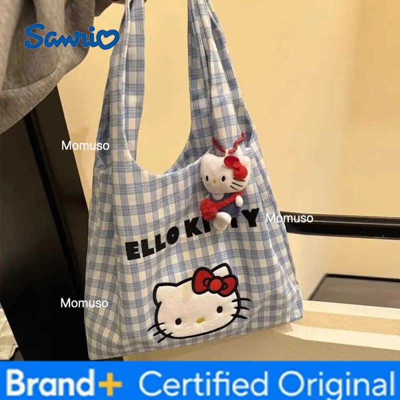 Sanrio New Hello Kitty Grid Canvas Bag Cartoon Kitty Cat Shoulder Messenger Bag Summer Commuting Large Capacity Messenger Bags H251230