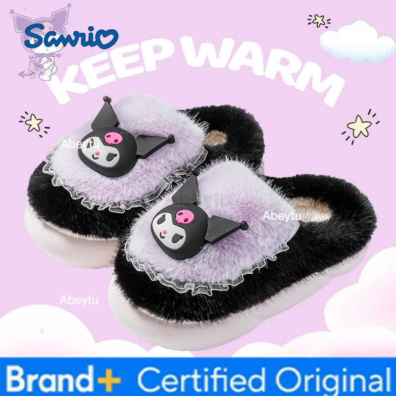 Sanrio Kawaii Children Winter With Heels Cotton Slippers Cartoon Anime Kuromi Cinnamoroll Kids Indoor Home Slippers Girl Gift H2512301