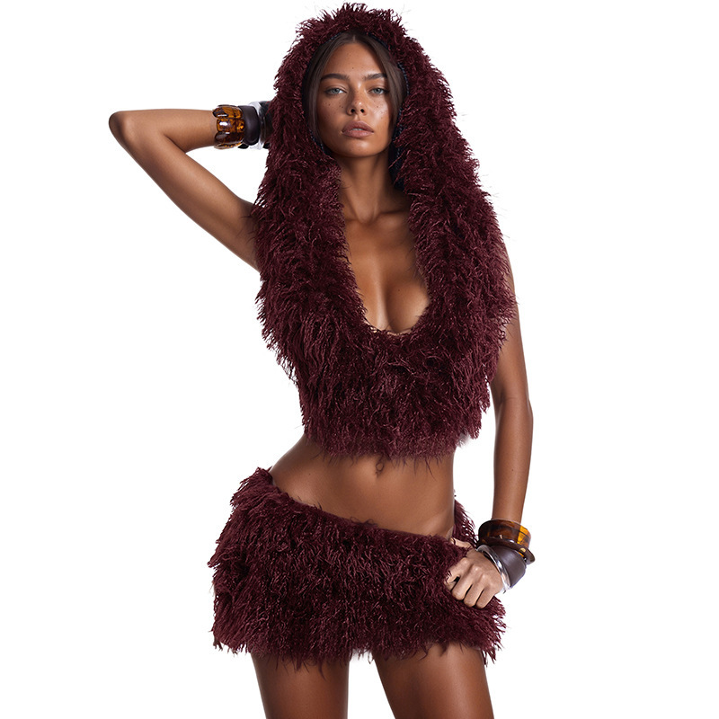 Women's Faux Fur U-Neck Hooded Backless Top and Mini Skirt Two-Piece Set