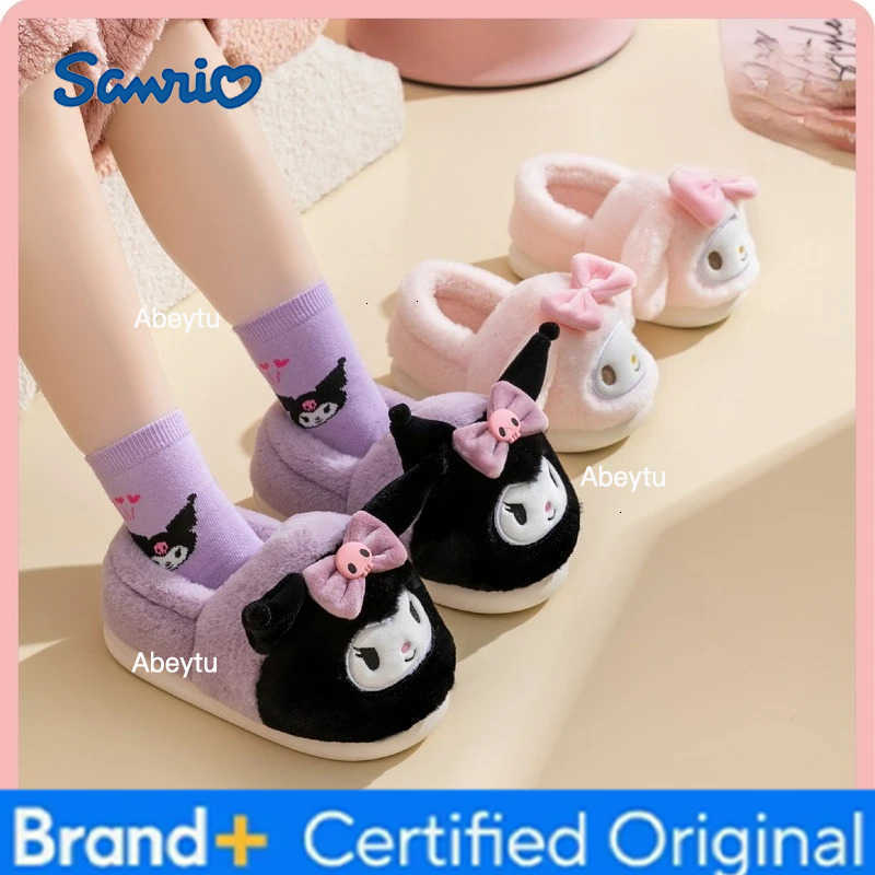 Sanrio Kids Slippers House Shoes Kuromi Cartoon Winter Shoes For Girls Wrapped heel Warm Anti-slip Pruple Black Shoes Size 28-41 H251230