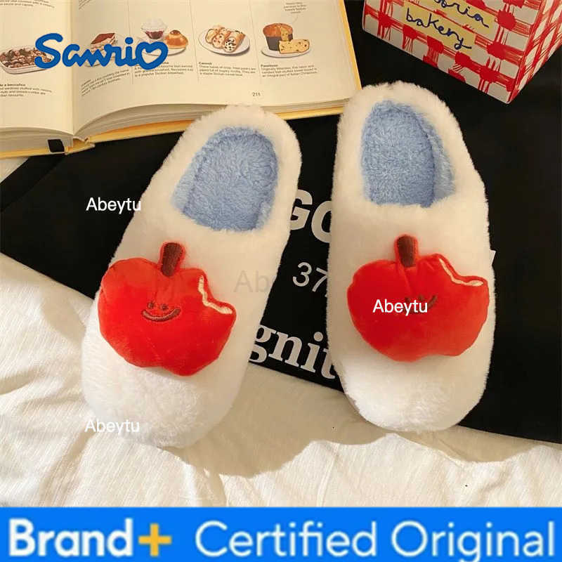 Sanrio Original Cartoon Apple Cat Plush Slippers Winter Warm Indoor Home Anti-Freeze Fuzzy House Shoes H251230