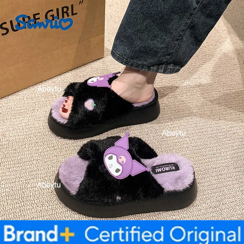 Sanrio Kawaii New Spring Autumn Plush Slippers Soft Anime Kuromi Cinnamoroll Hangyodon KT Women Home Thick-soled Non-Slip Shoes Gifts H251230