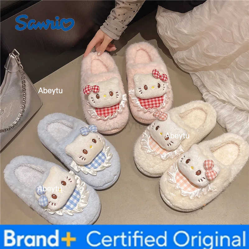 Sanrio Winter Women Plush Slippers Anime Hello Kitty Kawaii Slippers Anti Slip Warm Insulation Indoor Princess Sweet Girl Slippers H251230