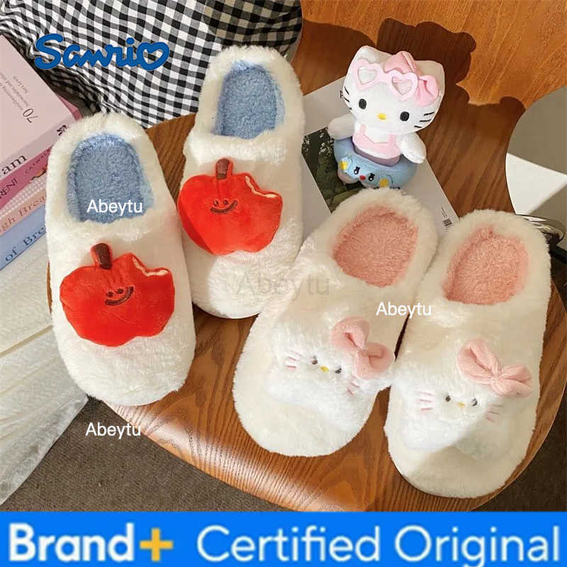 Sanrio Original Cartoon Apple Cat Plush Slippers Winter Warm Indoor Home Anti-Freeze Fuzzy House Shoes H251230