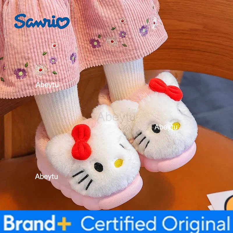 Sanrio Winter Cute Cartoon Cover Heel Childrens Plush Slippers Soft Cosy Non-slip Warm Flat Mule Boys Girls Indoor Home Cotton Shoes H251230