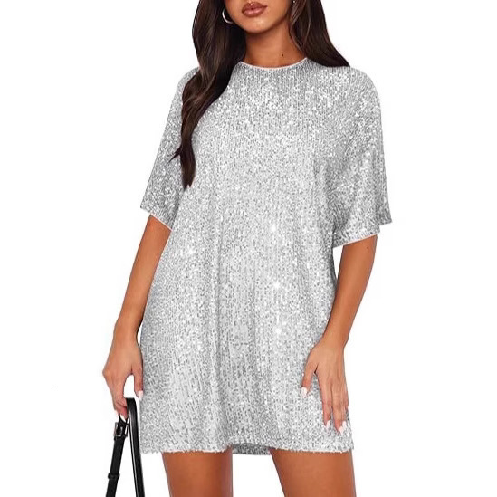 2025 Round Neck Womens Sequin Dress Sexy Shiny T-Shirt Short Sleeve Loose Party Dress 230321
