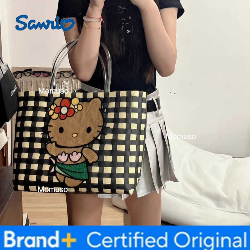 Sanrio New Hello Kitty Handheld Woven Bag Fashion High Quality Girls Beach Bag Cartoon Large Capacity Multifunctional Womens Handbag H251230