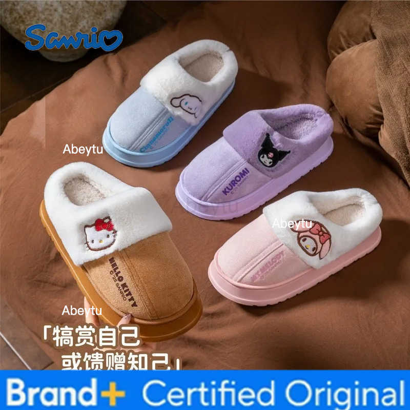 Sanrio Cartoon Warm Cinnamoroll Kuromi My Melody Anime Thick Sole Cotton Slippers Kawaii Girls Winter Comfort Home Indoor Shoes Casual H251230