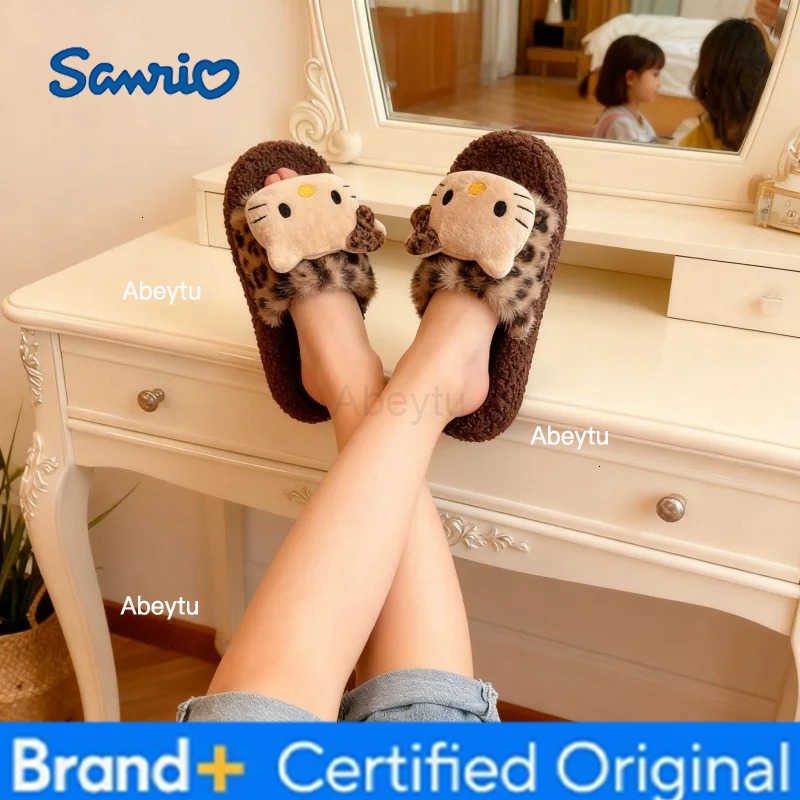 Sanrio Kids Slippers House Shoes Cartoon Hello Kitty Open Toe Winter Shoes For Girls Warm Anti-slip Beige Brown Shoes Size 36-41 H251230