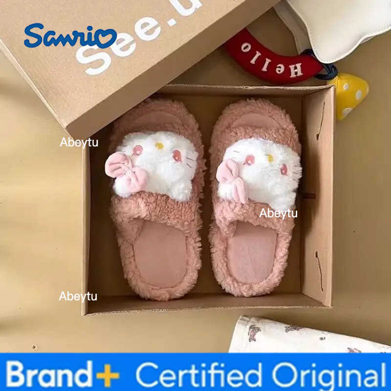 Sanrio Cute Cartoon Kawaii Hello Kitty Thick Soled Hairy Slippers for Womens Outdoor Wear Autumn New Versatile Cotton Slippers H251230