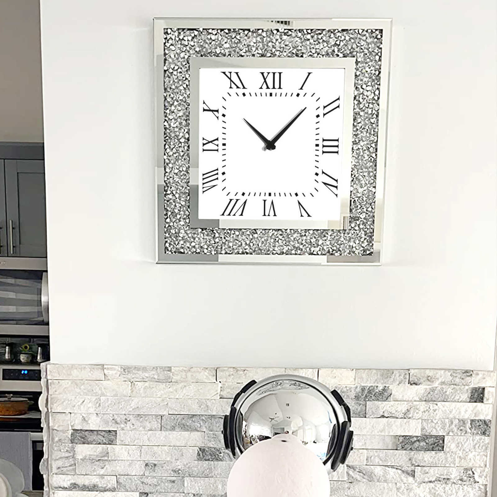 LUVODI Wall Clock Mirror Clock Sparkle Bling Round Diamond Wall Clock with Silver Tawny Tinted Crystal Crushed W251028