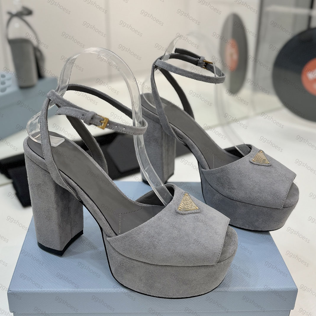 Top Quality Suede Platform Sandals Womens Leather High Heels Luxury Designer Shoes Casual Suede Ankle Strap Buckle Thick Heel Satin Party Wedding Shoes