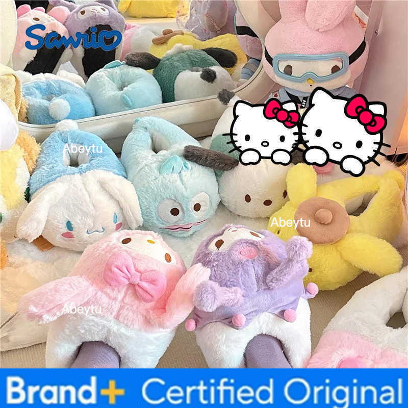 Sanrio Warm New Pochacco Kawaii Home Plush Slippers KT Hangyodon Kuromi My Melody Girls Winter Thick Sole Non-slip Cotton Shoes Gifts H251230