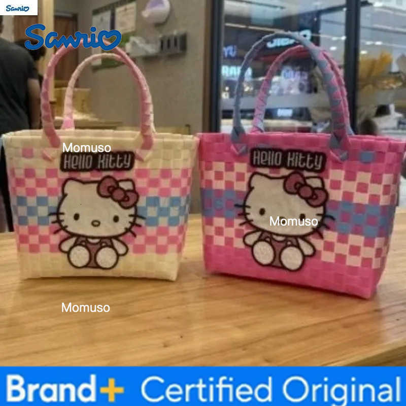 Sanrio Fashion Handmade Weaving Hello Kitty Cartoon Basket Womens Leisure Large Capacity Storage Beach Handbag H251230
