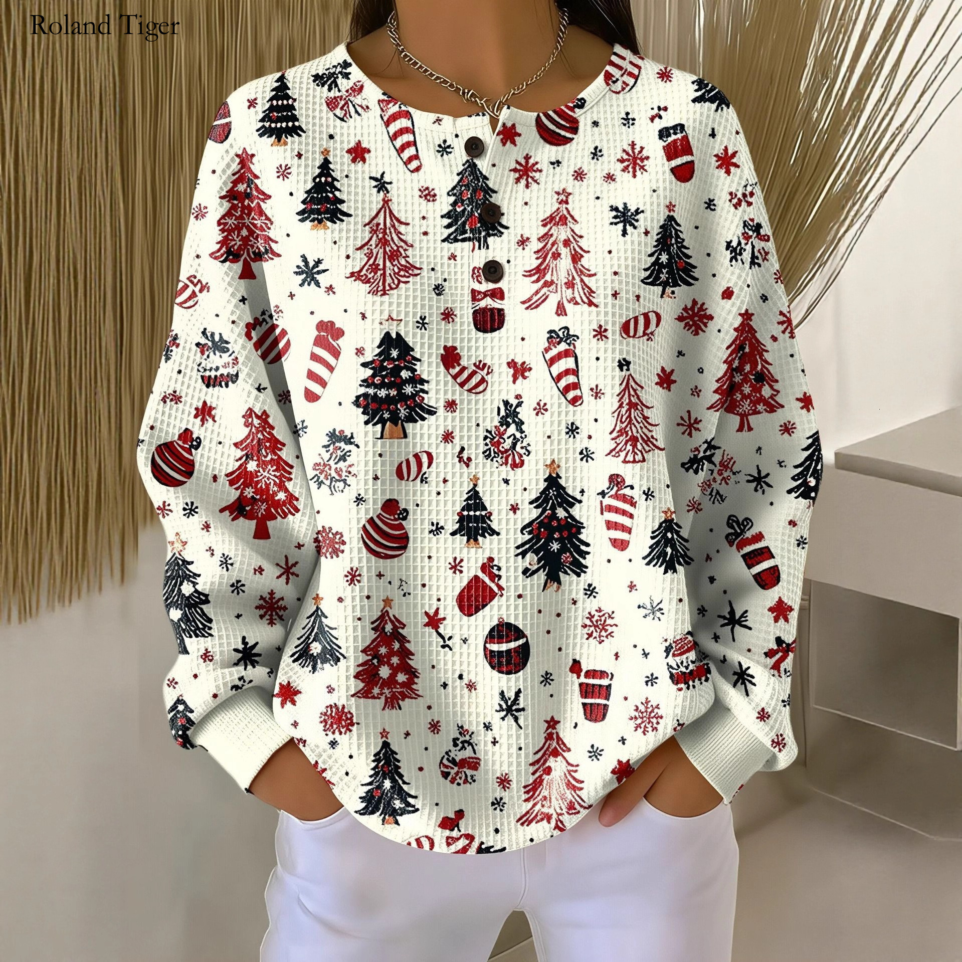 Roland Tiger 25 Amazon Independent New Retro 3D Digital Print Three-Button Stand Collar Polo Sweatshirt Women's Clothing--Waffle