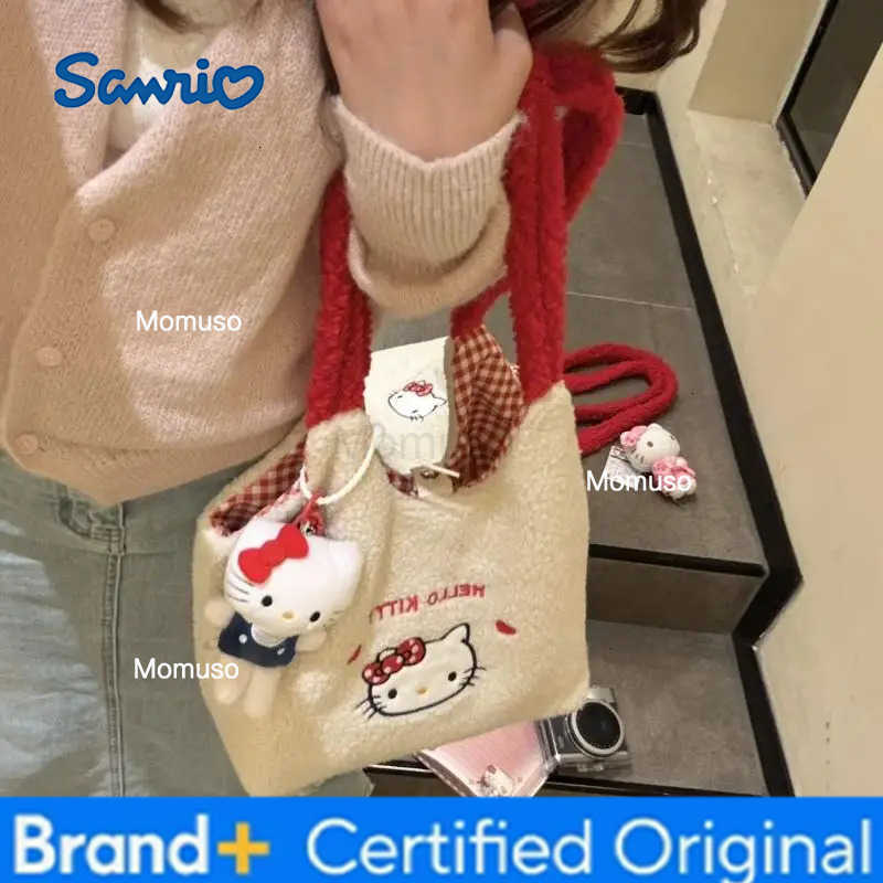 Sanrio 2026 New Cute Fashion Hello Kitty Sherpa Patchwork Large Capacity Womens Shoulder Bag Versatile Handbag For Daily Use H251230