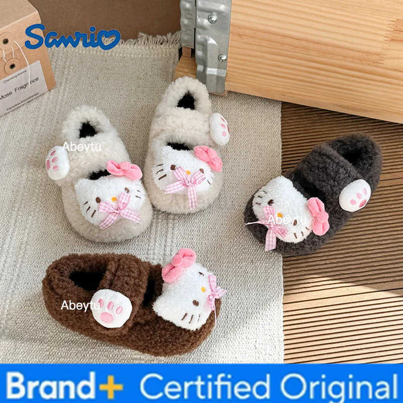 Sanrio Kids Slippers House Shoes Cotton Covered-heel Winter Shoes For Girls Anti-slip Soft Bottom Velcro Beige Gray Shoes Size 22-35 H251230