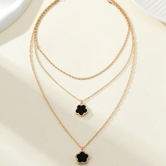 Luxury Brand Designer Jewelry European And American Diamond-Encrusted Five-Leaf Clover Three-Layer Long Necklace Simple Versatile Five-Leaf Flower Pen