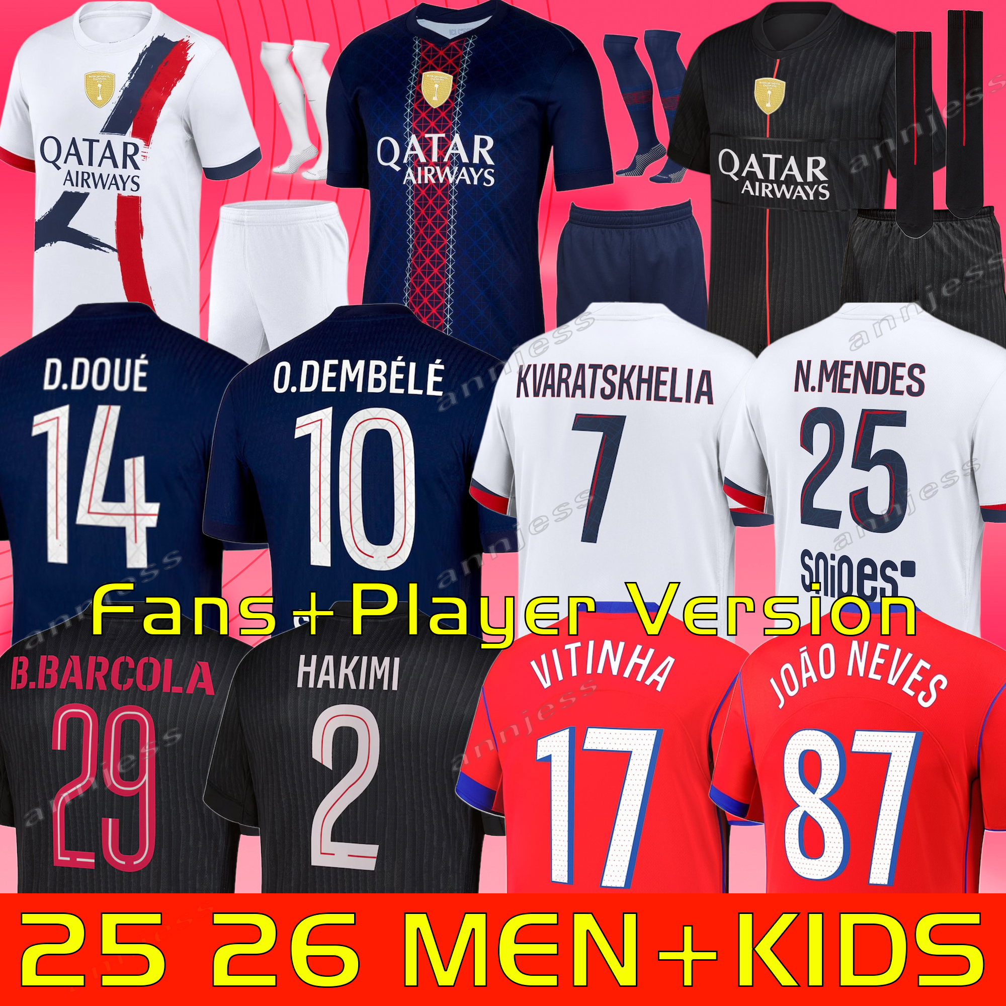 2025 2026 2XL maillot de foot Kvaratskhelia soccer jerseys 4th 1975 NEVES HAKIMI football shirt 24 25 26 hommes BARCOLA Zaire-Emery O.Dembele PARIS Fourth PSGES 888