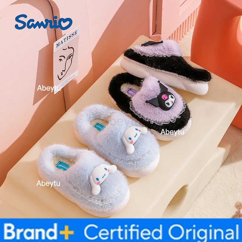 Sanrio Kawaii Children Winter With Heels Cotton Slippers Cartoon Anime Kuromi Cinnamoroll Kids Indoor Home Slippers Girl Gift H2512301