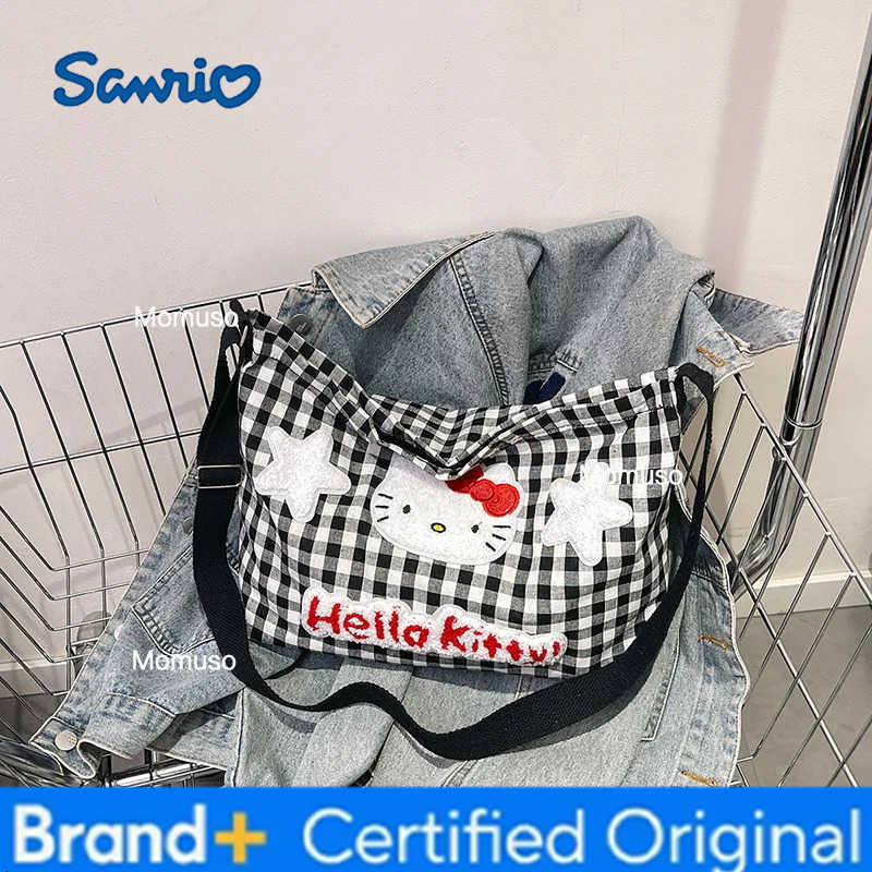 Sanrio Anime Hello Kitty Womens Shoulder Bags ladies cute cartoon plaid versatile shoulder tote bag Kawaii Canvas Handbag H251230