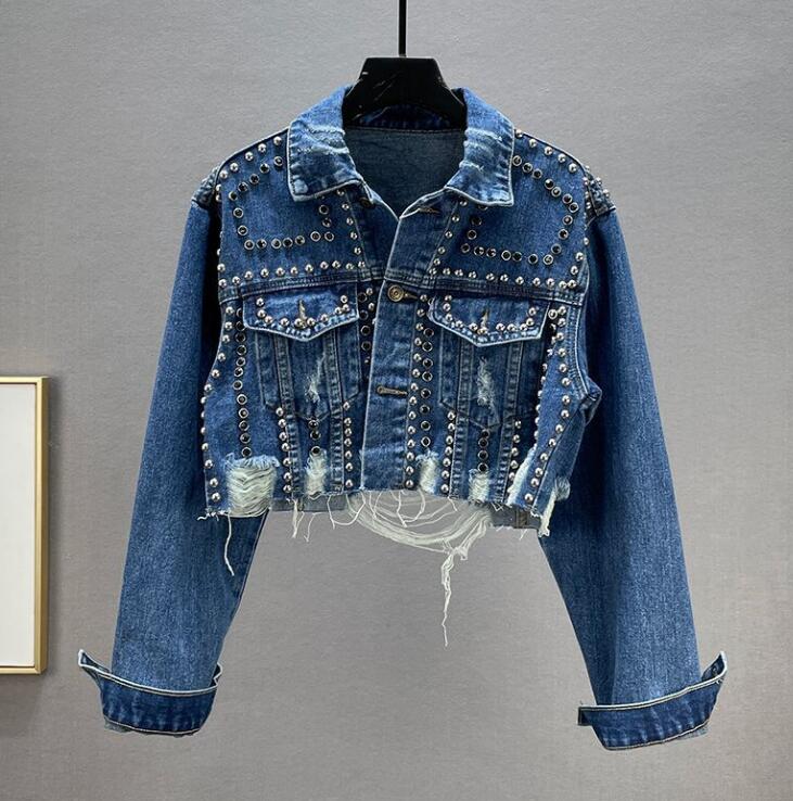 spring designer jacket women short style blue jeans jackets long sleeve rivet denim womens coat for autumn