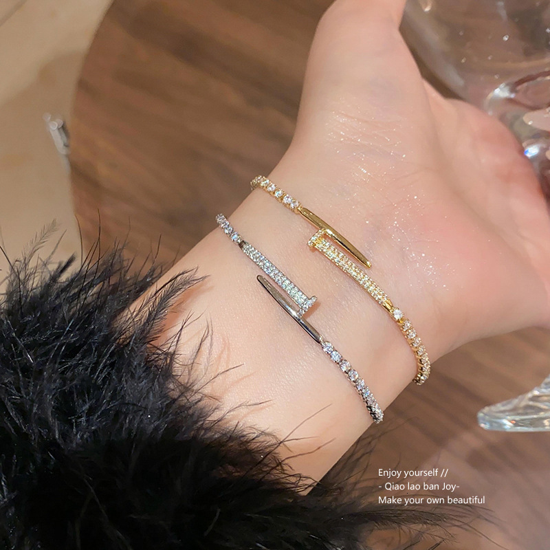 Luxury Brand Designer Jewelry Real Gold Plated Zircon Nail Geometric Adjustable Bracelet Simple High-End Elegant Commuter Bead Versatile