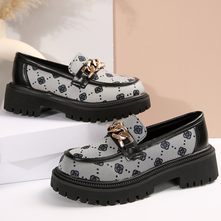 women's versatile elegance dress shoes 2026 new design printed chain thick soled fashionable leather shoes large sizes 35-42 Free Shipping Hot Sa