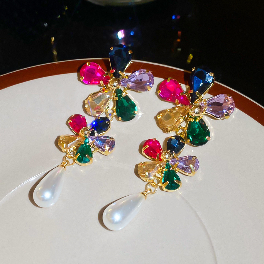 Real Gold Plated Diamond-Studded Flower Pearl Stud Dopamine Light Luxury High-End Earrings European and American Cross-Border Exaggerated Ear Jewelry - view 7