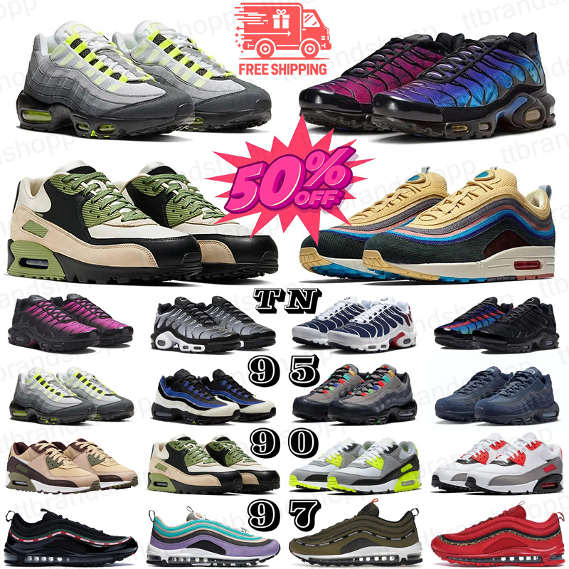 2026 Designer 95 97 Running Shoes 90 tnss Womens Sneakers Mens Trainers Triple Black White Neon Yellow Cool Grey Olive Thick cushion bottom Sports shoes EUR 36-46