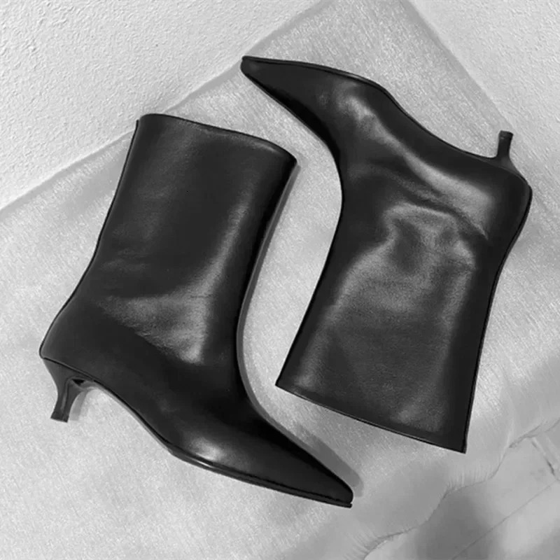 SEXY Black Pointed Toe Cat Heel Mid Women Soft Leather PU Low Heel Wide Mouth French Style Ankle Boots 251226