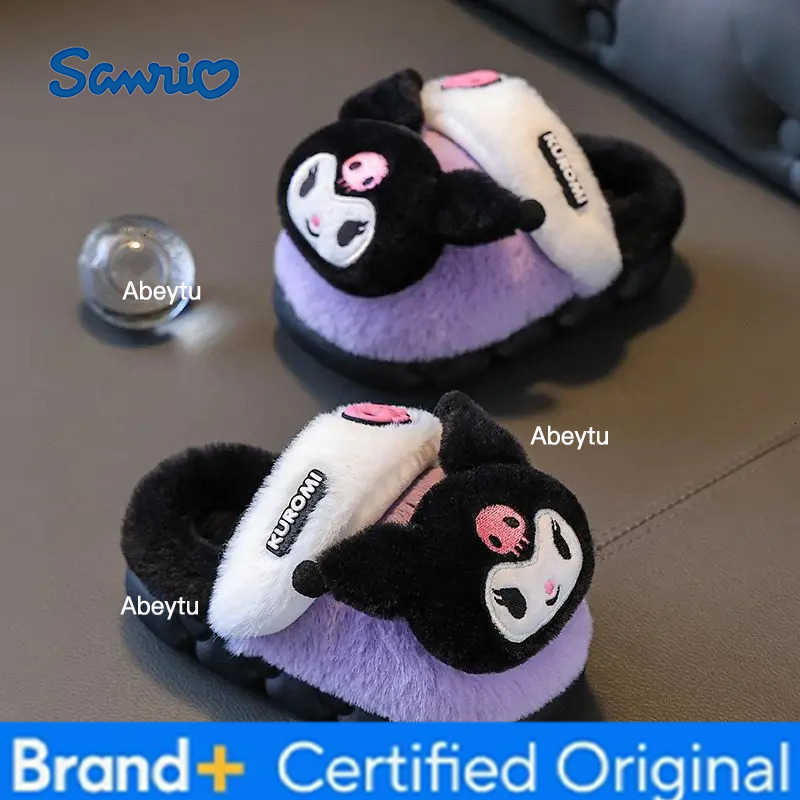 Sanrio Childrens Slippers Kuromi Childrens Cotton Shoes Girls Cute Princess Home Indoor Non-Slip Warm Parent-Child Furry Shoes H251230
