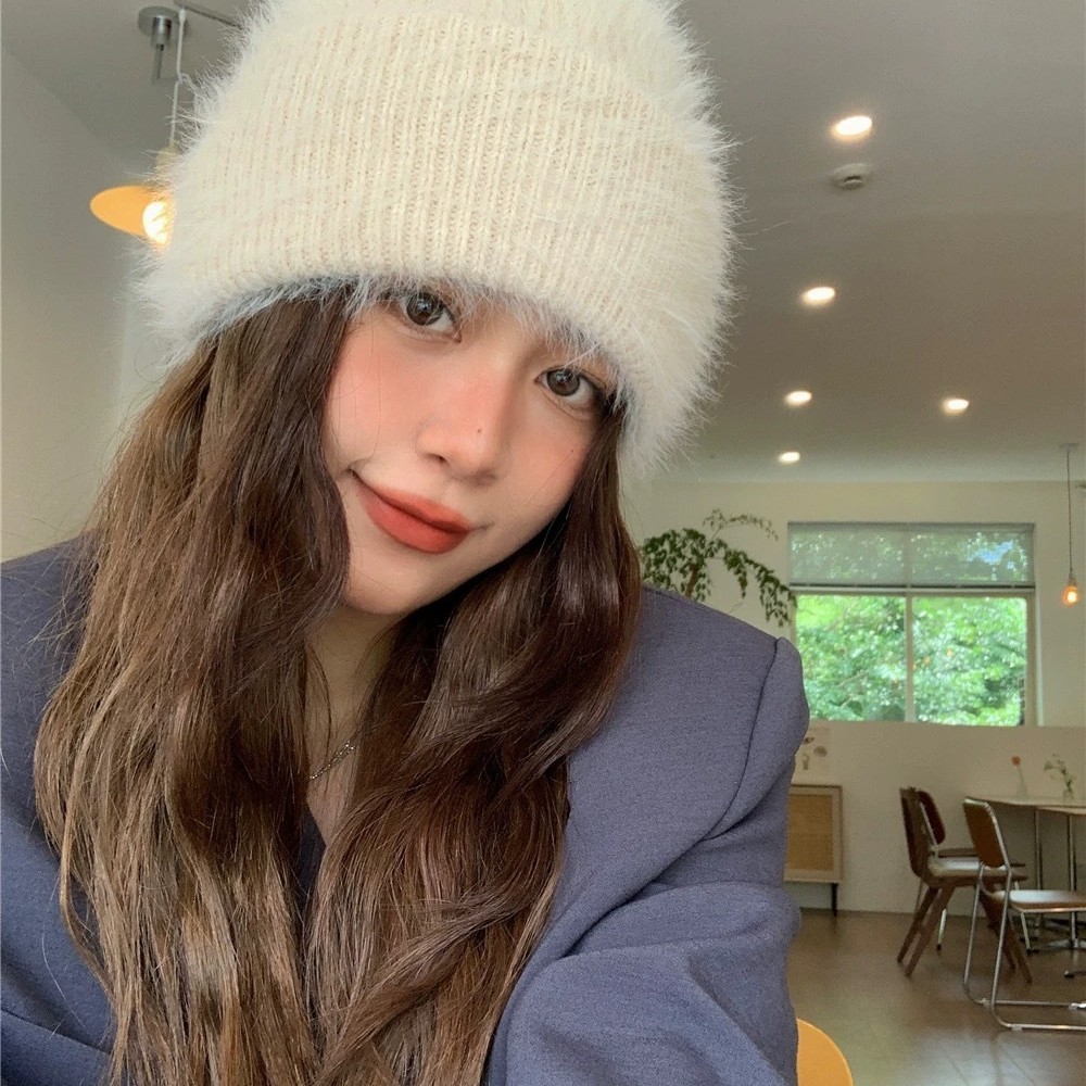 Fluffy Alpaca Wool Beanies Women Warm Knitted Hat Winter Bonnet 241122