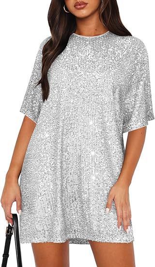 2025 Round Neck Womens Sequin Dress Sexy Shiny T-Shirt Short Sleeve Loose Party Dress 230321