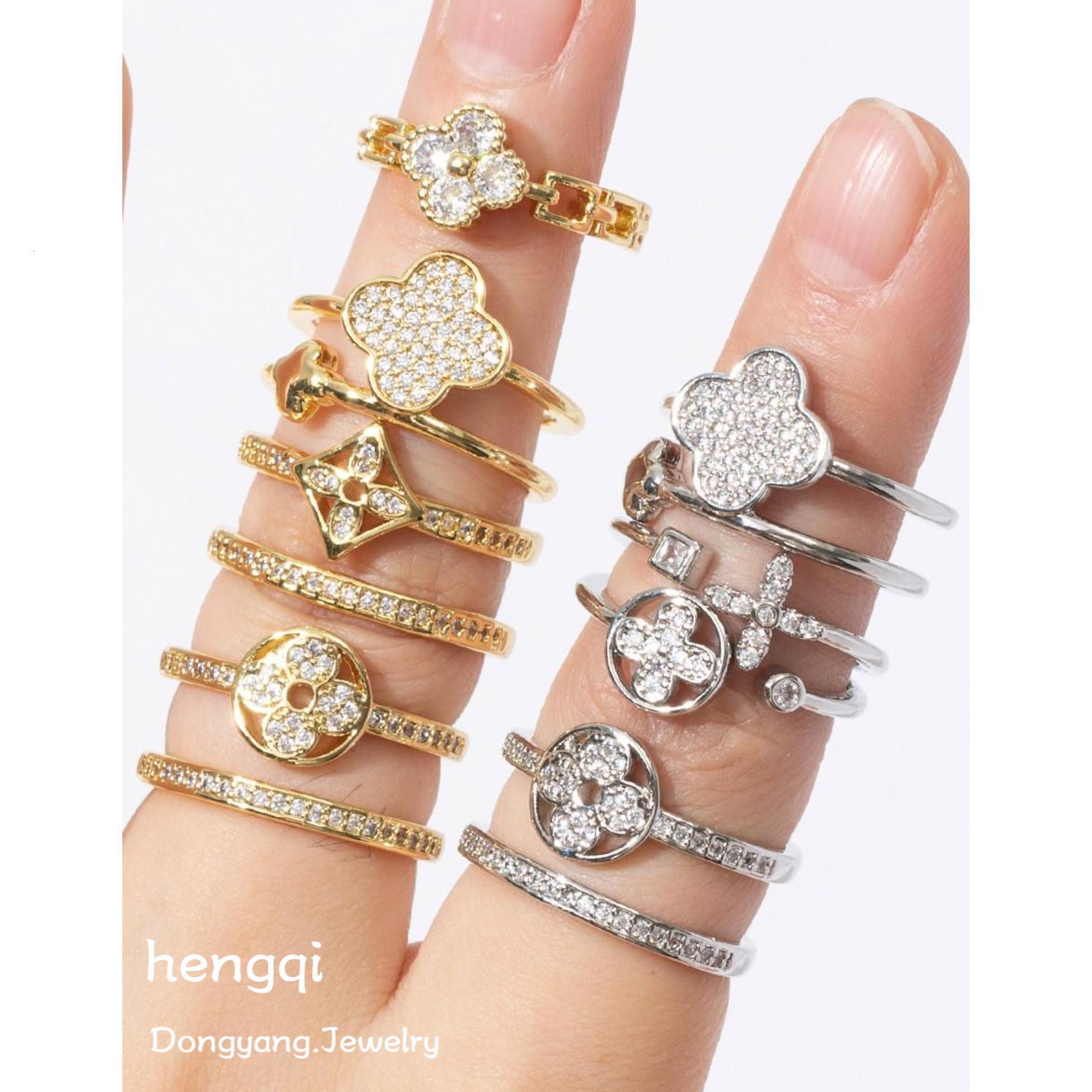 Luxury Brand Designer Jewelry Trendy European And American Style Copper Inlaid Zircon Four-Leaf Clover Ring For Women, Light Luxury High-End Adjustabl