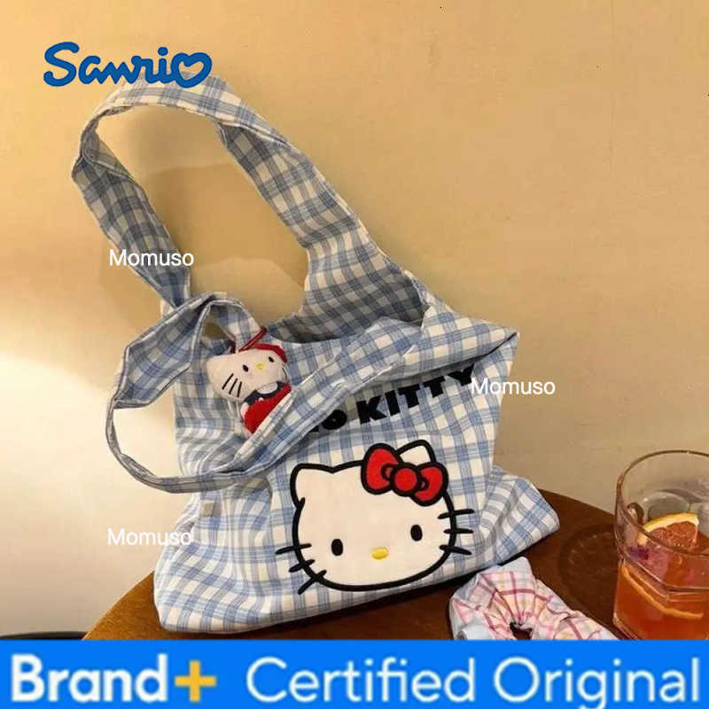 Sanrio New Hello Kitty Grid Canvas Bag Cartoon Kitty Cat Shoulder Messenger Bag Summer Commuting Large Capacity Messenger Bags H251230