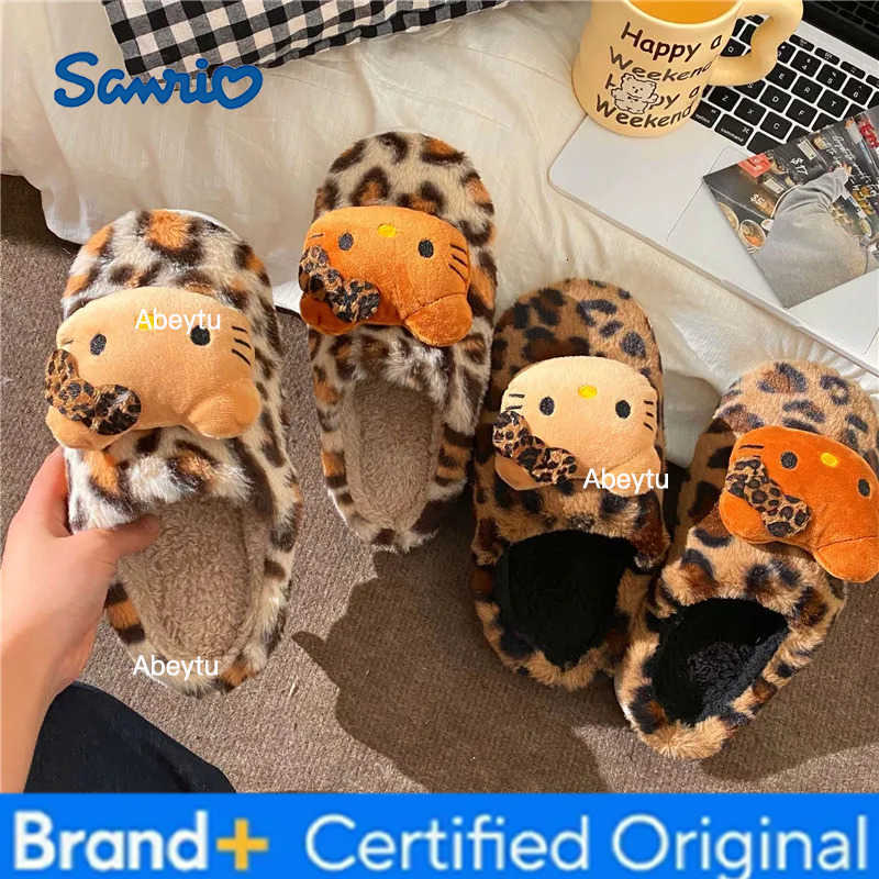 Sanrio Hello Kitty Leopard Print Stuffed Cotton Slippers Y2K Kitty Cat Winter Warmth Cotton Shoes Room Stuffed Home Slippers H251230