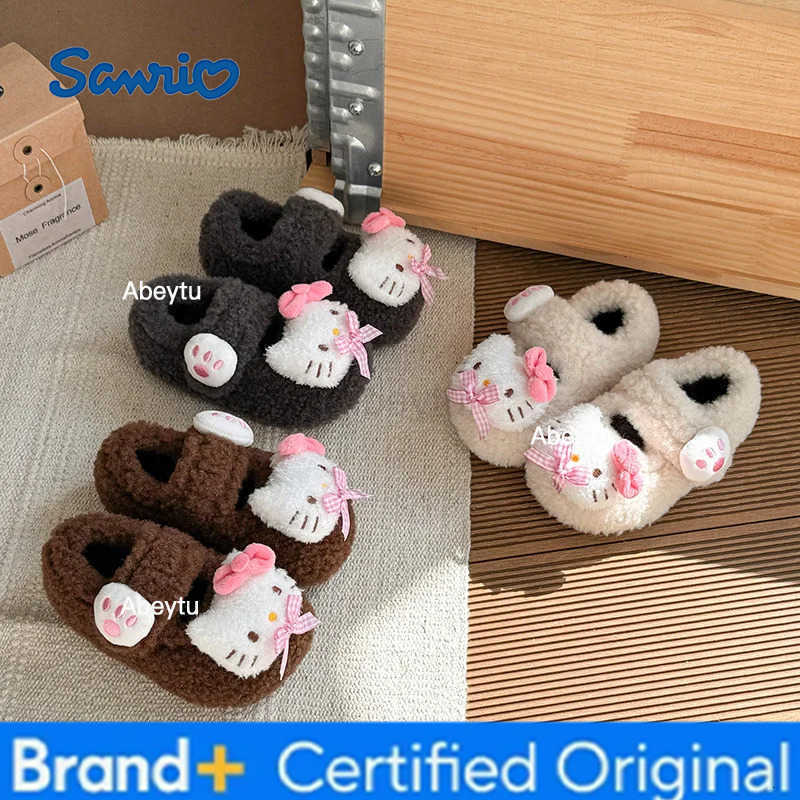 Sanrio Kids Slippers House Shoes Cotton Covered-heel Winter Shoes For Girls Anti-slip Soft Bottom Velcro Beige Gray Shoes Size 22-35 H251230