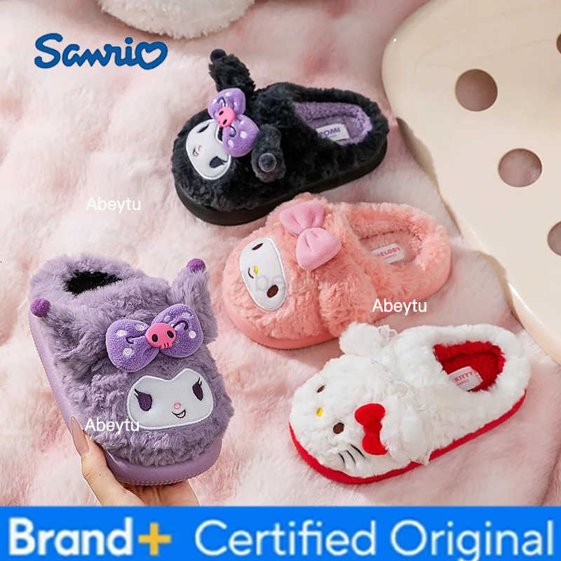 Sanrio Kids Slippers House Shoes Cartoon Cotton Winter Shoes For Girls Warm Anti-slip Soft Bottom Purple Black Shoes Size 24-41 H251230